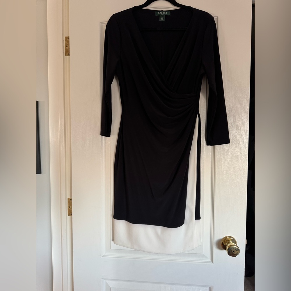 LAUREN Ralph Lauren Black & White Draped Sheath Dress (Size 10)